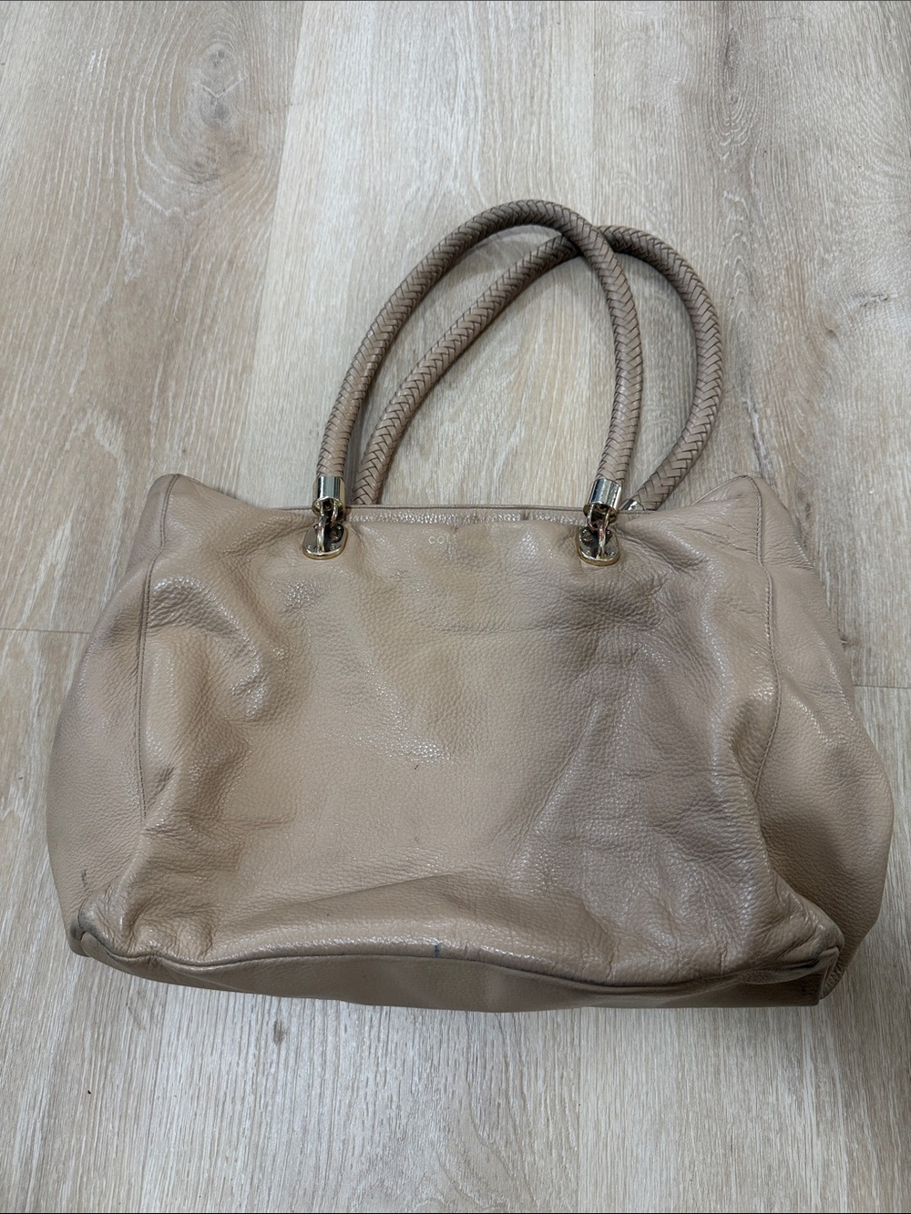 Cole Haan Taupe Braided-Handle Leather Shoulder Tote